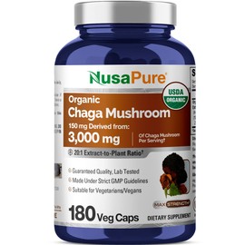 NusaPure Chaga Mushroom 20:1 Extract, 150 mg Equivalent to 3,000mg per Veggie Capsule, 180 Count, USDA Organic, Vegan, Non-GMO