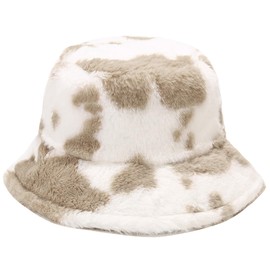 Winter Fluffy Fuzzy Bucket Hat Plush Furry Faux Fur Fisherman Hats Warm Hat for Women (Cow Print Khaki)