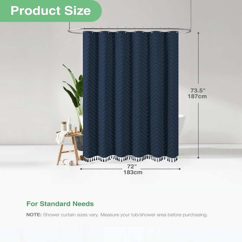 Dynamene Boho Farmhouse Shower Curtain, Navy Blue Fabric Tufted Chevron
