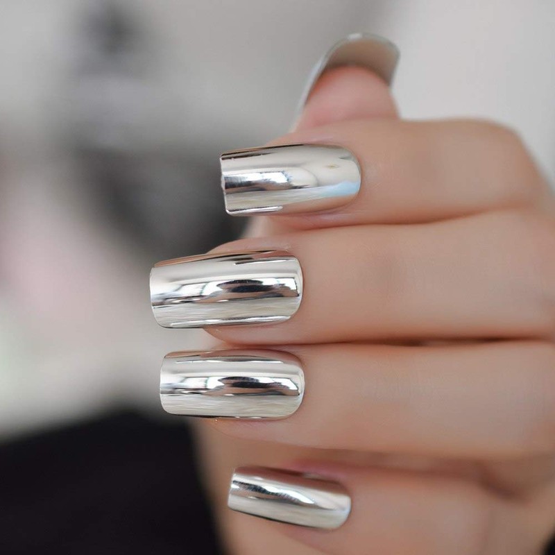 CoolNail Shiny Silver Metallic Long False Nail Tips Punk Metal