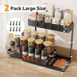 Simple Trending Under Sink Organizer 2 Pack, 2 Tier Cabinet Organizer with Sliding Basket, Multi-Purpose Sink Storage Basket with 4 Hooks for Kitchen Bathroom, Black