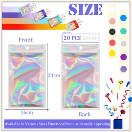 Silver Foil Ziplock Bags Medium Smell Proof Bag Mylar Bags Holographic Packaging Bags,20pcs 16x24cm Resealable Storage Pouches Grip Seal Bags Clear Plastic Bags for Food Storage,Jewelry,Electronics