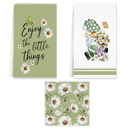 Spring Flowers Kitchen Towels Dish Towels, Daisy Floral 16x24 inch Green Gnome Kitchen Towels Set of 3, Decorative Hand Towels for Spring Summer Kitchen Decoration
