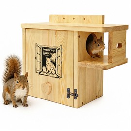 Firmlly Upgraded Version Large Wooden Squirrel House for Outside - Weatherproof Pine with External Platform, Easy Assemble Squirrel Nesting Box,Metal Buckle