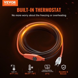 VEVOR Pipe Heating Cable, 18-feet 7W Heat Tape for Pipes with Built-in Thermostat, Protects PVC Hose, Metal and Plastic Pipe from Freezing, 120V