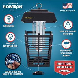 Flowtron Electric Bug Zapper 1/2 Acre Outdoor Insect Control with Dual Lure Method, 15W UV Light & Octenol Attractant for Fly & Mosquito, 5600V Kill Grid, Made in USA, UL Certified