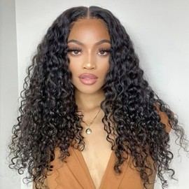 Tendersse Water Wave Wear and Go Glueless Wigs Human Hair Pre Plucked Pre Cut 5 x 5 HD Lace Closure Wigs 200 Density Water Wave Lace Front Human Hair Wigs for Black Women Natural Black 18 Inch