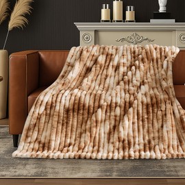 Amélie Home Faux Fur Throw Blanket for Couch, Cozy Fuzzy Fluffy Fur Luxurious Soft Striped Plush Gift Blankets for Family Sofa Chair Bed Living Room Bedroom, 55"x70", Tie-dye Khaki