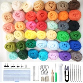 JasCherry Nadelfilz Set, 50 Farben Filzwolle Basteln, Nadelfilz Starter Kit, Quennslandwolle Schafwolle DIY mit Werkzeug Set, Handspinnendes Bastelfilzmaterial für Anfänger（3 g/Farbe）