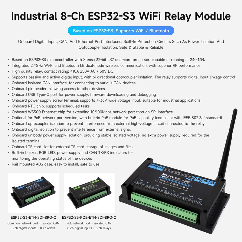 Waveshare ESP32-S3-POE-ETH-8DI-8RO-C(PoE Network Port), Industrial 8-Ch ESP32-S3 WiFi Relay Module,