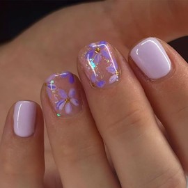 Spring Purple Flower Press On Nails Short Square Glitter Nails Press Ons Full Cover False Nails With Flower Designs Artificial Acrylic Nails Glossy Glue On Nails Stick On Nails For Women Girls