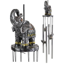 Ebros Gift Feng Shui Zen Noble Thai Buddha Trunk Up Elephant with Filigree Design Figurine Crown Top Resonant Wind Chime with Miniature Ornamental Elephants for Garden Patio Home Decorative Accent