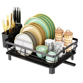 Dish Drying Rack for Kitchen with Adjustable Spout Utensil Holder Knife Slots dishdryerrack - Color: Black