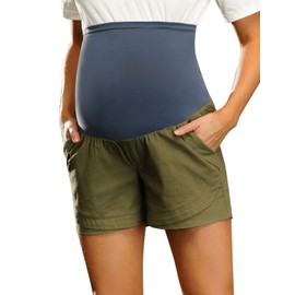 Maacie Shorts for Pregnant Women Over Bump Comfy Cotton Linen Beach Shorts Army Green 2XL