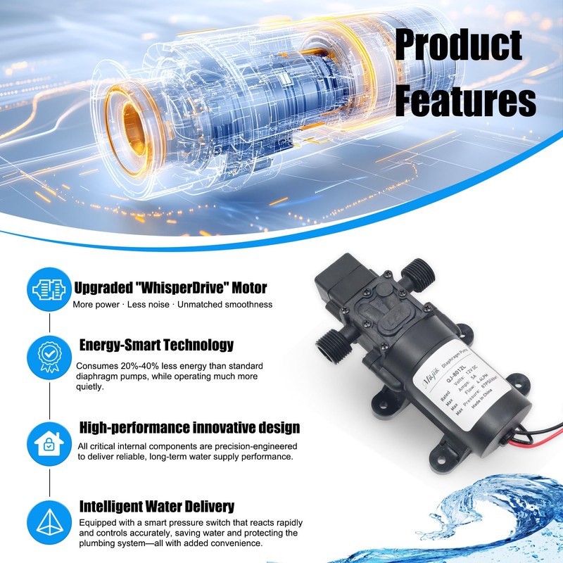 DC 12V Diaphragm Pump, Self-Priming Water Pump with Deluxe Hose