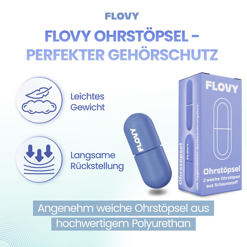 Flovy Foam Earplugs in (Blue) - 2 Soft Earplugs for