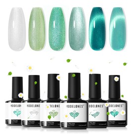 modelones Glitter Gel Nail Polish Set, 6 Colors Spring White Green Lake Blue Pearl Shimmer 9D Cat Eye Gel Polish with Magnet Soak Off LED Nail Art Kit Salon DIY Home Gift