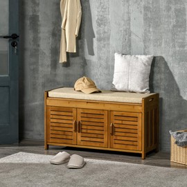 HOMCOM Shoe Storage Bench, Bamboo Entryway Bench with Cushion, Cabinets and Hidden Compartment for Hallway, Dark Cherry