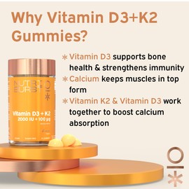 Nutriburst Vitamin D3 (2000IU) + K2 (100µg) Multipack - Essential Nutrients to Support Bone Health, Skeletal Function & Immune Function - Vegan & Sugar Free - 3 x 60 Lemon Gummies - 3 Month Supply