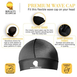 Royalty Headwear Premium Silky Wave Cap for 360, 540,and 720 Waves, Silky Durag Headwear, Soft Breathable Skullies Beanies for Sleeping, Shower (Black)