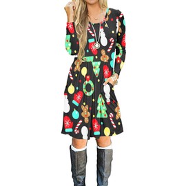 Auselily Women’s Dress with Knee-Length Pockets, Long-Sleeved, Pleated, Loose, Swing, Casual Dress