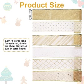 6 Rolls Christmas Ribbon Wired Edge 6yd x 2.4"/Roll Wide Christmas Ribbon Glitter Champagne Gold Wired Christmas Ribbon for Christmas Tree Crafts Wreath Making Gift Wrapping Decor