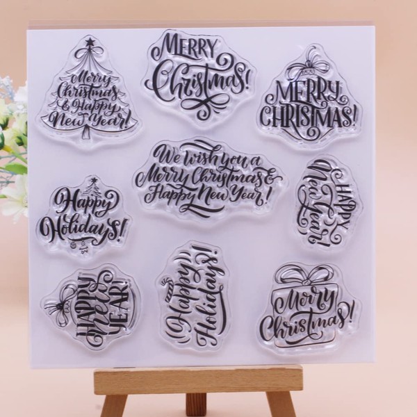 Lily Craft Linda Craft 1pc Merry Christmas Happy Holiday Words Sentiment Clear Stamps for Card Making Decoration and DIY Scrapbooking Transparent