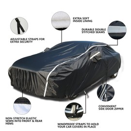 Tecoom Car Cover Waterproof All Weather, Car Covers for Automobiles with Zipper Door, Cotton Backing, Windproof Sun UV Hail Protector, Universal Fit for Sedan (201"-210")