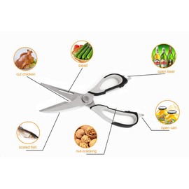 Kitchen Scissors, Professional Sturdy Stainless Steel Multipurpose Food Scissors with Cover, Heavy Duty Sharp Shear Cooking Scissors for Vegetables Meats Fish Scale, Bottle Opener (Black)