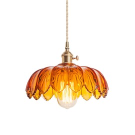 Debbte Industrial Vintage Pendant Lighting Fixture Glass Lotus Lamp Shade Farmhouse Pendant Light Chandelier E27 Brass Finish Ceiling Hanging Lamp (Orange)