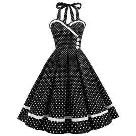 Women Halter Neck 50s Vintage Cocktail Party Swing Dress Retro Polka Dots Pin Up 1950s Audrey Hepburn Rockabilly Prom Dress Sleeveless Short A-Line Wedding Guest Formal Tea Dress Black-Polka Dots L