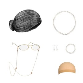 Joizomou Old Lady Costume for Kids Girls Women Old Lady Wig Granny Grandma Costume Old People Costume 100th Day of School