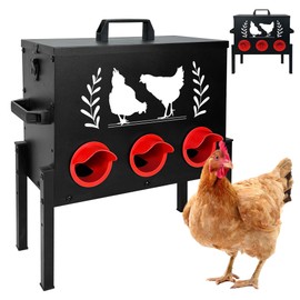 Chicken Feeders, 30 lb Capacity 6 Port Automatic Chicken Feeder, Metal Chick Feeder with Locking Lid and Legs, Chicken Feeder for Chickens, Ducks, Geese(Black)