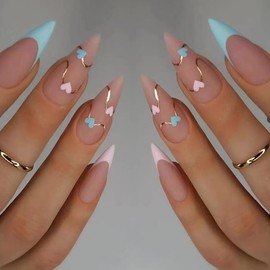 Blue French Tip Press on Nails Medium Almond Fake Nails with Heart Design Gold Line Stick on Nails Glossy Acrylic Full Cover Glue on Nails Stiletto False Nail For Women Manicure