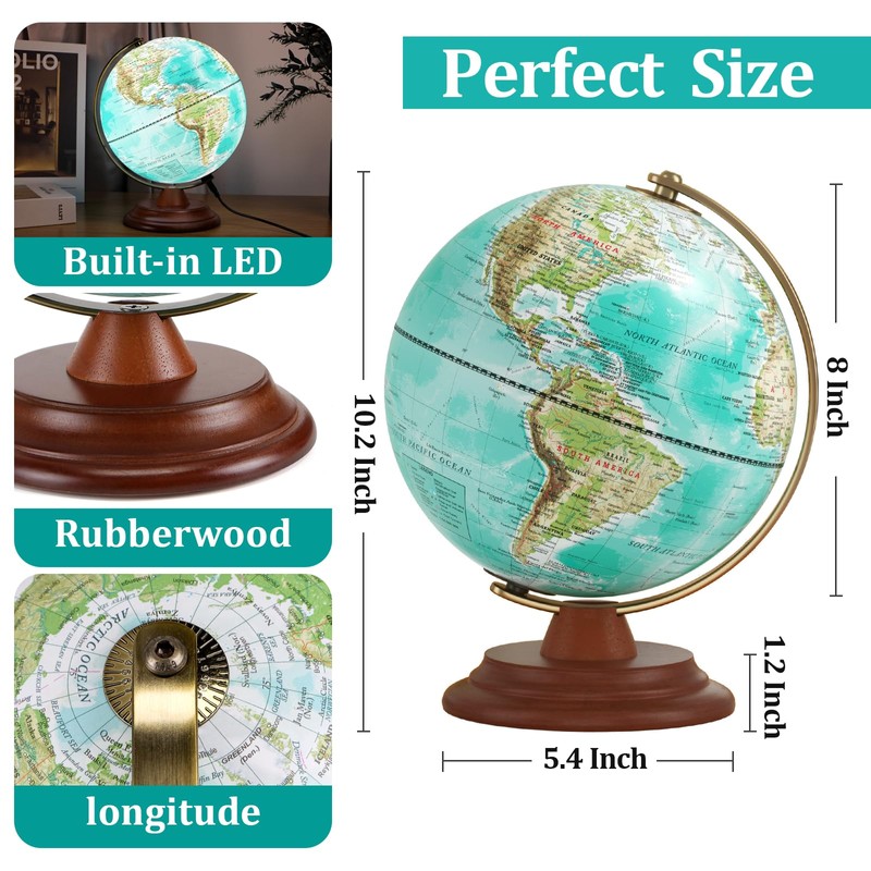 Illuminated Globe of the World with Wooden Stand, 8'' World