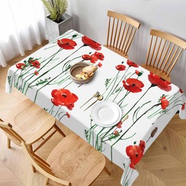 LoLo UoUo Small Poppies andStamens Tablecloth 60x84 Inch Watercolor Flower Red Green Leaf Hand Painted Style Outdoor Tablecloth Rectangle for Party Picnic Dinner Decor