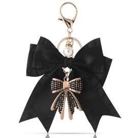 YAIYUQILIU Bow Keychain for Women, Rhinestone Pearl Bow Purse Charm - Cute Crystal Bag Charms for Backpacks Handbags Purses Accessories (Black)