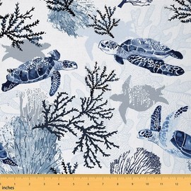 Feelyou Sea Turtle Fabric by The Yard,Ocean Reptile Tortoise Upholstery Fabric for Chairs,Coastal Castle Nautical Beach Navy Blue Decorative Waterproof Outdoor Fabric, 1 Yard,