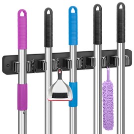 IMILLET Broom Holder Wall Mount, Wood Broom Holder with 5 Racks and 4 Hooks Broom Organizer, Laundry Room Organization and Storage, Mop Hanger for Home Organization, Garden, Garage, Closet (Black)