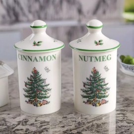 Spode Christmas Tree Spice Jars | Set of 2  | Made of Fine Porcelain | 4.5 Inch