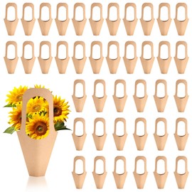 BEHEY 40PCS Medium Size Flower Bags for Bouquets,Kraft Paper Handle Flower Bouquet Holder,Simple & Stylish Kraft Paper Carry Bags