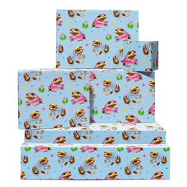 CENTRAL 23 Frog Birthday Wrapping Paper For Women - 6 Sheets Of Blue Gift Wrap - Frogs Wearing Clothes - Cupcake - For Kids Girls Teenagers - Comes With Stickers