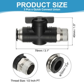 PATIKIL Pneumatic Ball Valve 3/8" OD x 1/2" PT Male Thread, 3 Pcs Push to Connect Fitting Ball Valve Air Flow Control Valve Hose Fittings Straight Quick Connect Union for Compressed
