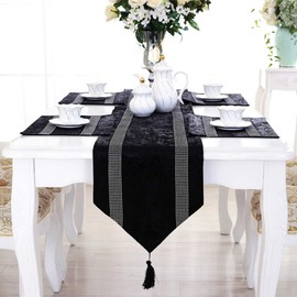 San Tungus Tassels Table Runners with Bilateral Rhinestones Strip for European Modern, 13x72 Inches, Black