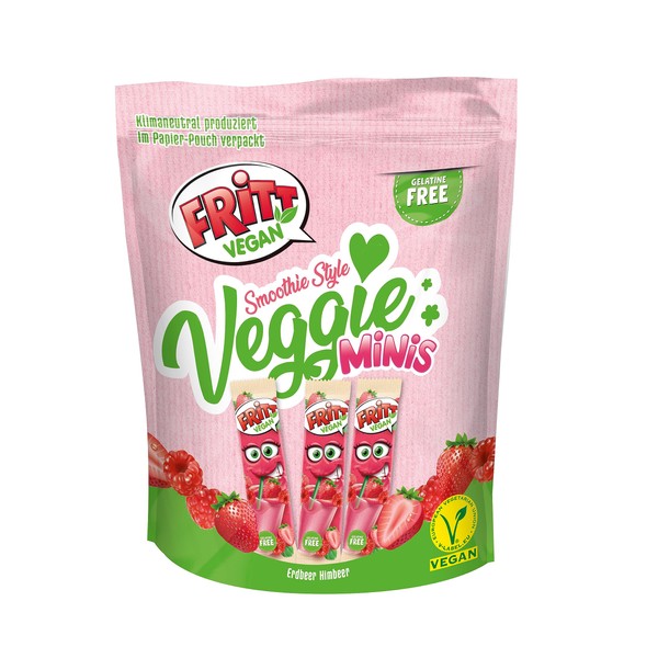 FRITT Vegan Erdbeer & Himbeer Minis 135g, 100% Vegan, Mini Kaubonbon-Streifen für alle Smoothie Lover