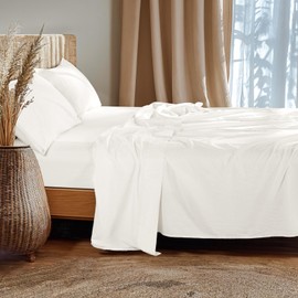 LBRO2M Linen Sheet French Flax Sheet Cotton Linen Blend Sheets Deep Pocket 16 Inch, 4 Pcs Bedding Sheet King Sheet Set, Soft, Breathable, All Season (King, White)