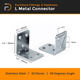 20 Pack L Bracket Corner Brace Sets Metal 1.4" x 1.2" - L Brackets for Shelves - L Metal Connector - Stainless Steel 90 Degree Right Angle Brackets - Furniture Connector - Based in USA