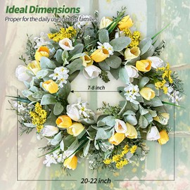 Qingbei Rina Spring Wreaths for Front Door, Yellow Tulip Wreath for Decorating with Lambs Ear, 20-22 Inch Door Wreaths Indoor Outdoor for Party Holiday Farmhouse Wedding Home Decor