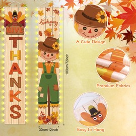 VitalCozy 2 Pcs Thanksgiving Porch Banners with Lights Give Thanks Fall Door Decor Autumn Scarecrow Sign String Light Banner for Home Indoor Outdoor Fall Harvest Theme Party Decorations