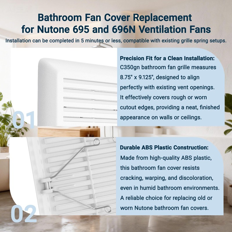 White Plastic Bathroom Vent Fan Cover (C350GN) with Springs, Compatible